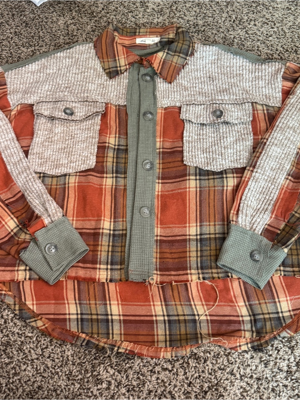Oli & Hali Orange Plaid & Olive Knit Button-Down Shirt